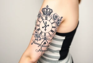 Roman clock with roses and a crown,  a quote that says nothings forever. and on the bottom a deck of cards tattoo idea