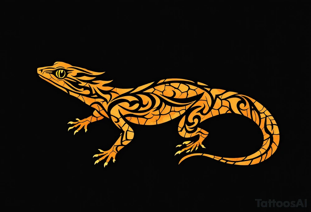 Tribal desert lizard with cracked earth texture – A sleek, agile lizard in motion, designed with tribal curves and sharp angles along its spine. Its skin mimics the pattern of sunbaked, cracked earth, blending tones of burnt orange, dusty brown, and charcoal black. The tail coils elegantly, forming a spiral, while the eyes gleam in golden yellow, symbolizing survival, transformation, and primal instincts. tattoo idea