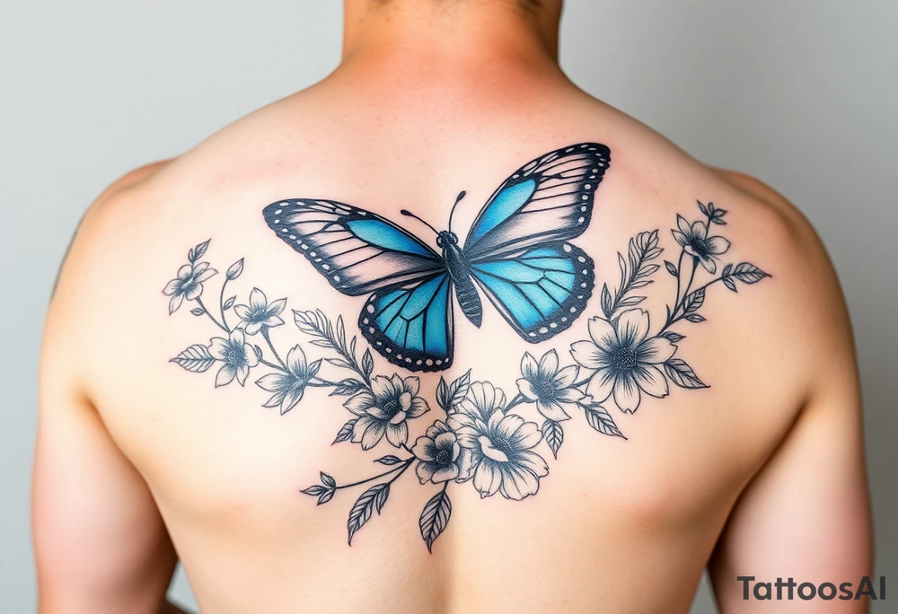 Sleeve/ floral with vines roses and daises large bright blue monarch in center of forearm with floral extending from wrist to mid bicep children’s names written with vines “ amber, Zachary, Justin, Harper, Vivian “ ARM SLEEVE tattoo idea