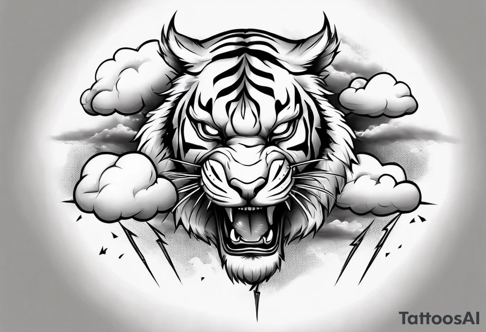 A mythical tiger forearm sleeve tattoo, with lightning and clouds filling the area tattoo idea
