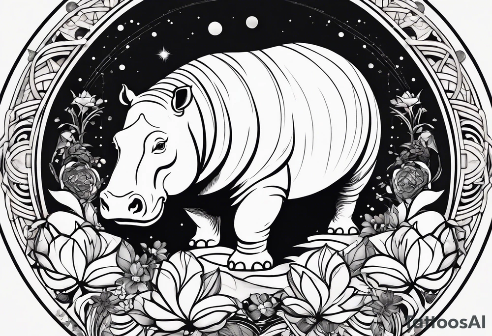 Very asymmetrical, +geometric pattern, with realistic full moon, with seeious looking hippo, +zen feel, + Buddhism touch, +tribal, +geometric
with wintersweet flower bud, +portrait orientation, +inkart touch, tattoo idea