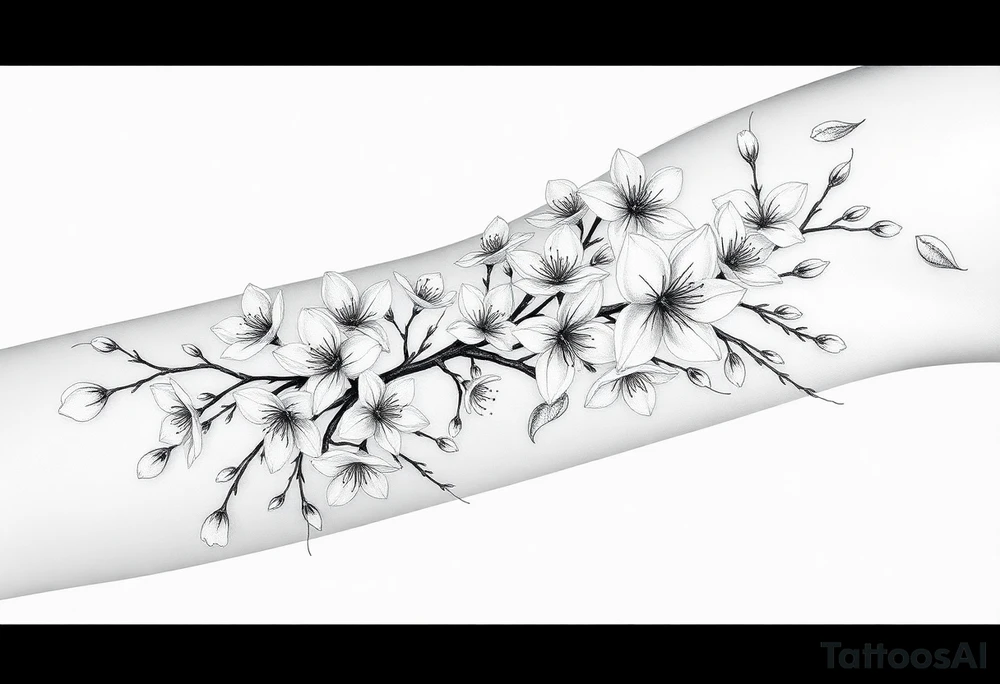 delicate cherry blossoms swirling in spring breeze with petals tattoo idea