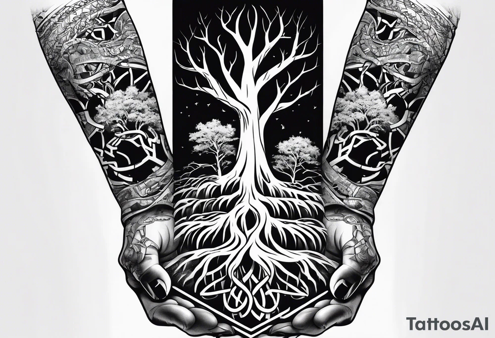 tattoo fool sleeve, tree roots break out of the chains at the bottom of the hand tattoo idea