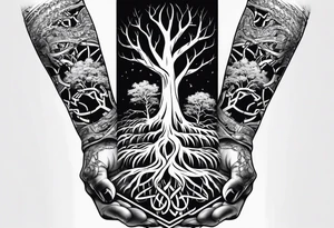 tattoo fool sleeve, tree roots break out of the chains at the bottom of the hand tattoo idea