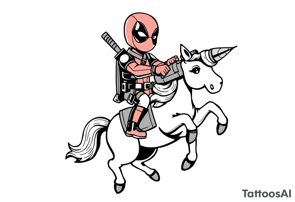 Deadpool riding cartoon unicorn shooting Rocket tattoo idea