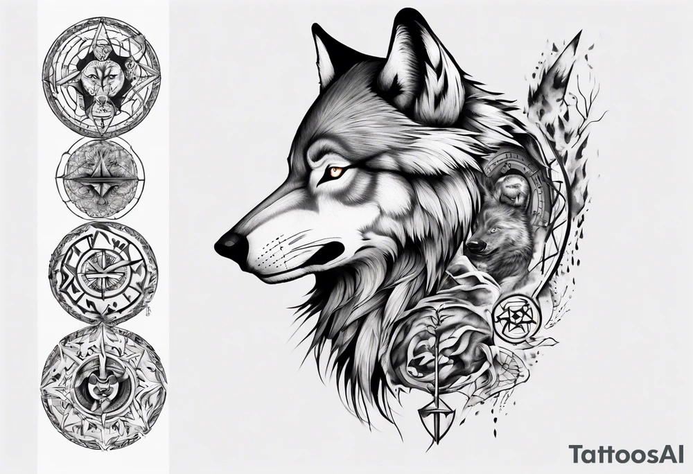 want a half sleeve on my left forearm featuring a side profile of wolf with a vegvisir for its eye, incorporating Māori patterns and Norse symbols tattoo idea