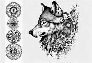 want a half sleeve on my left forearm featuring a side profile of wolf with a vegvisir for its eye, incorporating Māori patterns and Norse symbols tattoo idea