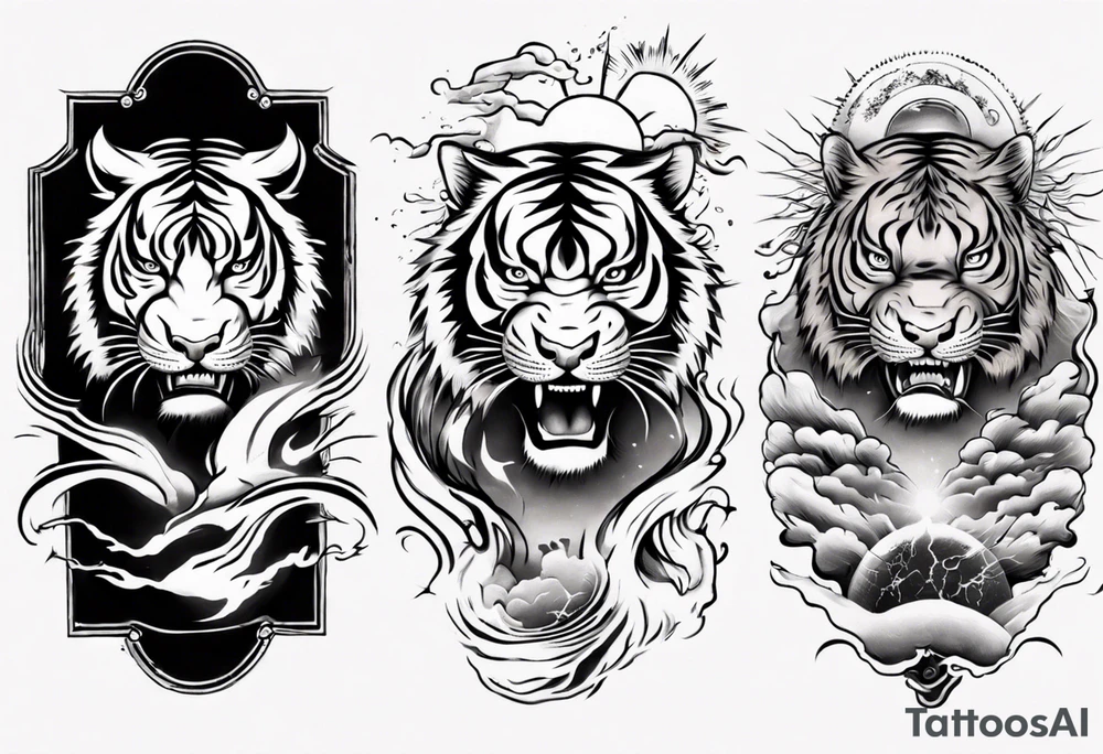 Tiger sleeve tattoo with lightning and the sun tattoo idea