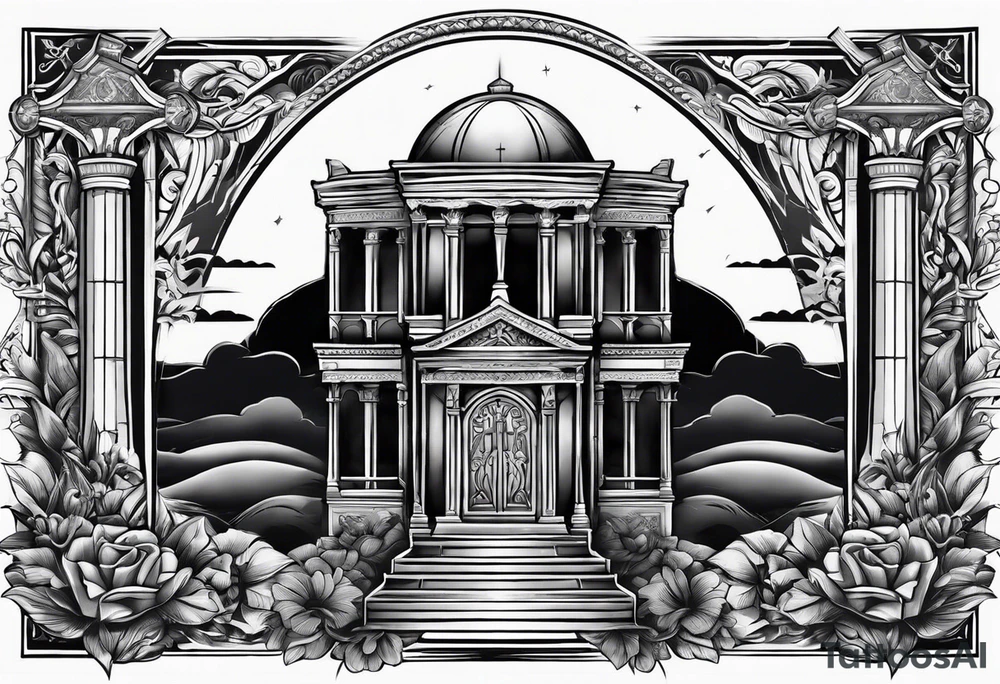 Tomb with cross and sun in the background tattoo idea