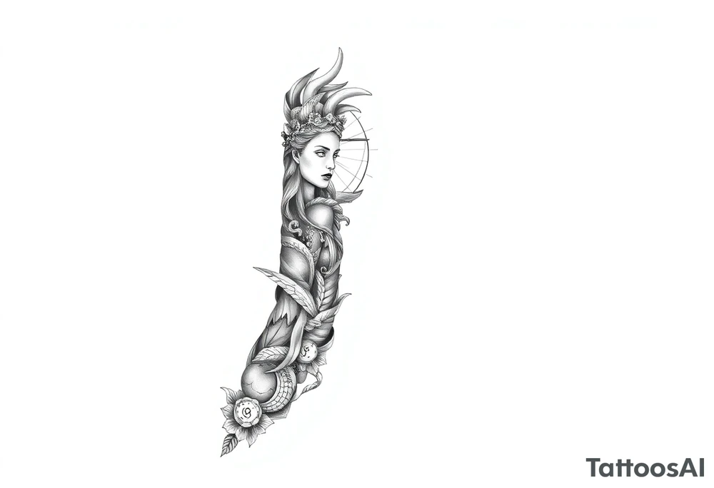 powerful Greek Goddess tattoo sleeve. add big pieces of greek goddess like medusa and Athena and add some piece in there of the weight scale and clocks and maybe little lettering in there. make it not super dark work use Pinterest inspiration. make it’s not covering the entire arm most of it but not fully covered add multiple greek goddess not just one tattoo idea