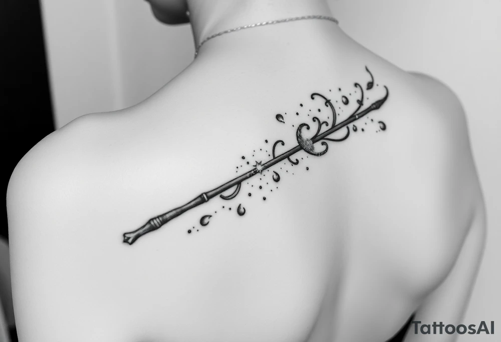 A magic wand (hermione's) with magic dust all around it and a ladybud exiting the wand like a magic spell, and some small detail around it that would do a piggyback on harry poter like a lightning, harry's glasses, the golden snitch etc... tattoo idea