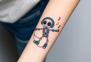 Cute smiley skeleton with heart shape eyes  jumping on a jump rope with both hands blue headphones blue armbands blue sneakers and colorful  music notes around his head tattoo idea
