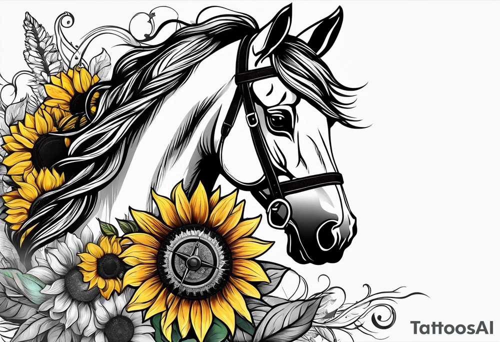 Horse, compass, sunflower tattoo idea