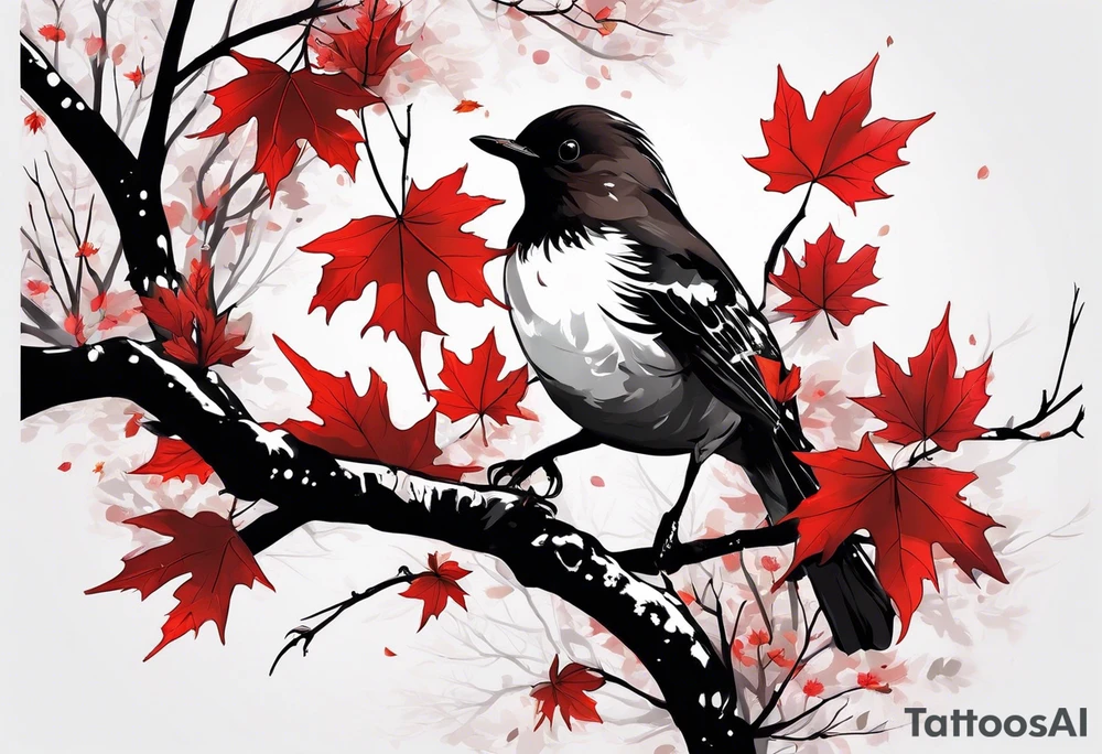 trash polka style. Arm tattoo. chest tattoo. Long tattoo. large tattoo. Full sleeve. Shoulder. A single large maple tree with red autumn leaves that branches upwards from wrist to shoulder. White-throated dipper bird on the trees branches. Calluna flowers at the base of the trees stem. Leaves falling. tattoo idea