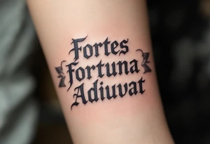 "Fortes Fortuna Adiuvat" (Fortune favors the brave), engraved in Roman capital letters on a stone-textured banner, shaded in grays and muted bronze for a warrior look. tattoo idea