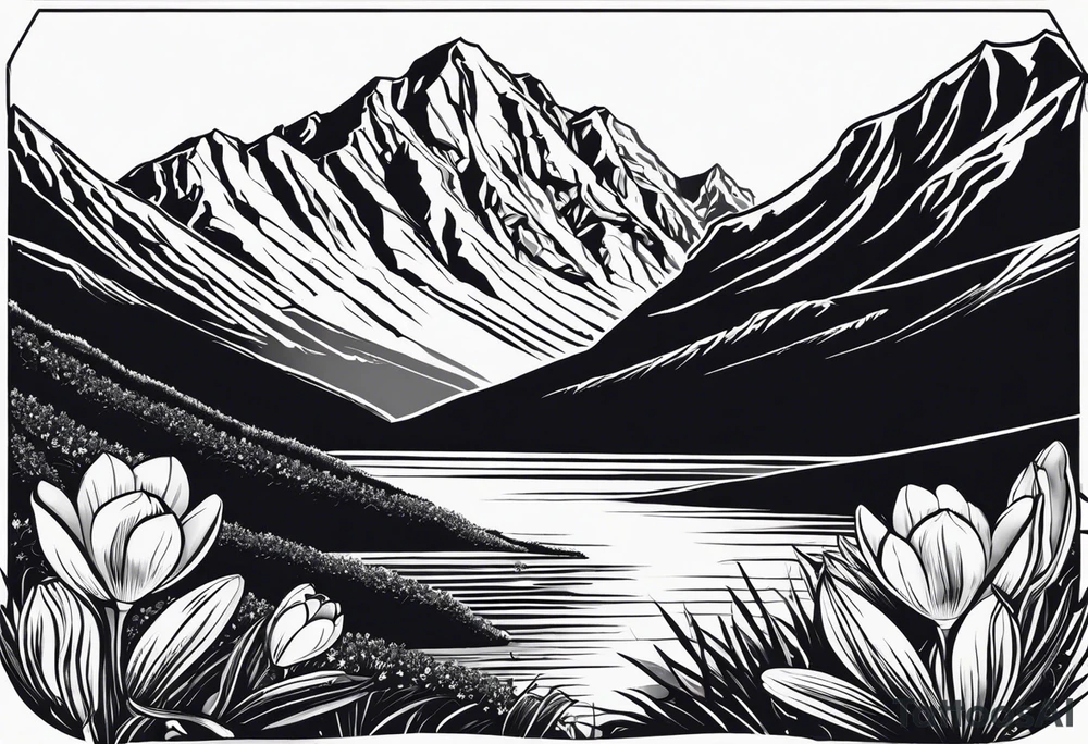 composition with mountain (Gran Sasso) with Crocus flowers, and an explorer trekking. Background in rectangular g shape. Do not enter rivers and trees. Do it in color. The design style must be that of Old School Traditional Tattoo. tattoo idea