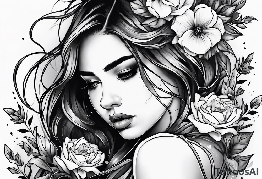 Girl crying, flowers, ropes tattoo idea