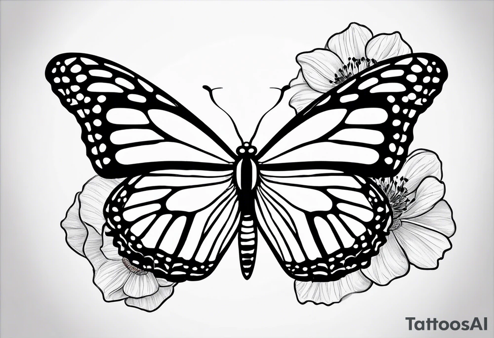 Create a black and white fine line tattoo design of a monarch butterfly, with poppy flowers exclusively inside the top halves of the wings. The butterfly’s wings should act as a frame for the flowers, clearly showing the flowers within the outline of the wings. The design should feature minimalistic and elegant lines, with intricate details on the flowers, while the bottom halves of the wings should remain simple to highlight the top sections. tattoo idea