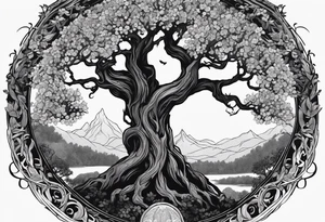Circular lord of the rings style writing around an ancient twisted tree with flowers in the canopy tattoo idea