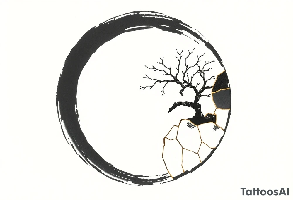 thick Zen ensō circle, drawn with a bold, hand‑painted black ink brushstroke. The circle is imperfect and organic, with visible texture and subtle variation in line thickness. About the last quarter of the circle, near the top‑right, transforms into a cracked ceramic segment that has been repaired using kintsugi: visible broken pieces outlined and joined by thin, flowing gold lines. There should be a couple big pieces of ceramic and no small ones. The circle and the ceramic part should have the same thickness. The gold seams follow the natural fractures of the ceramic section, creating several branching cracks rather than a single line, clearly distinguishing this repaired portion from the rest of the smooth ink circle. The transition from ink to ceramic should feel natural, as if the painted circle solidifies into a fragile object that has been lovingly mended. The ceramic shall seamlessly flow into a rock from which a tree of life sprouts. Design it as a black and gray tattoo with a subtle metallic gold effect on the kintsugi seams, suitable for a medium‑sized placement on the back of the bicep. tattoo idea