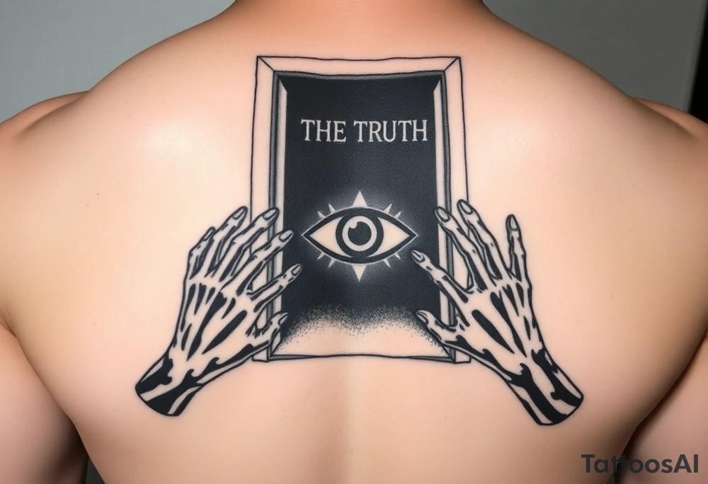 The truth sitting in front of a nearly fully opened door with the eye of god inside the door with all black around it and black hands starting to come out the door stretching to different places from full metal alchemist tattoo idea