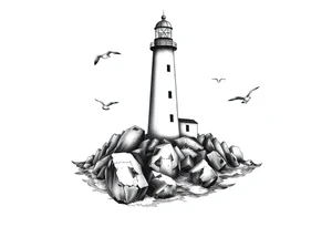 Lighthouse surrounded by a few boulders in the sea with high waves and seagulls flying around tattoo idea