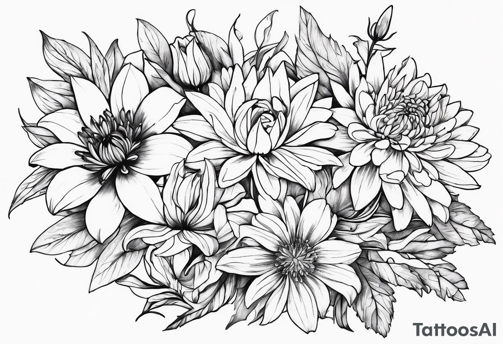 Lillies, roses, asters, chrysanthemums tattoo idea