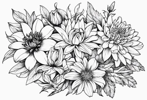Lillies, roses, asters, chrysanthemums tattoo idea