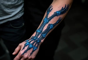 A hybrid forearm revealing graphite-colored artificial tendons under realistic shaded skin, accented with electric-blue joints. tattoo idea