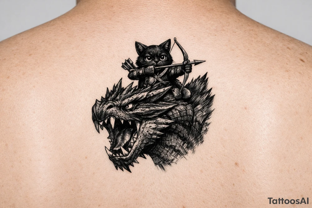 A fantasy illustration of a black Palico feline cat riding on the back of a Nargacuga wyvern dragon. High-fantasy digital art style matching the original game concept art. The camera is a dynamic vertical portrait, showing the dragon's head, snarling open mouth, muscular neck, and upper shoulders. The massive wings are cropped out of the frame entirely to keep the design narrow and vertical. On its back, a cute black cat with realistic cat features and large glowing yellow eyes is aiming a hunter's bow and arrow. Highly detailed but with clean, crisp lines, rich deep black and midnight blue shading, solid white background. No woodcut texture, no flat cartoon sticker style. tattoo idea