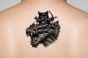 A fantasy illustration of a black Palico feline cat riding on the back of a Nargacuga wyvern dragon. High-fantasy digital art style matching the original game concept art. The camera is a dynamic vertical portrait, showing the dragon's head, snarling open mouth, muscular neck, and upper shoulders. The massive wings are cropped out of the frame entirely to keep the design narrow and vertical. On its back, a cute black cat with realistic cat features and large glowing yellow eyes is aiming a hunter's bow and arrow. Highly detailed but with clean, crisp lines, rich deep black and midnight blue shading, solid white background. No woodcut texture, no flat cartoon sticker style. tattoo idea