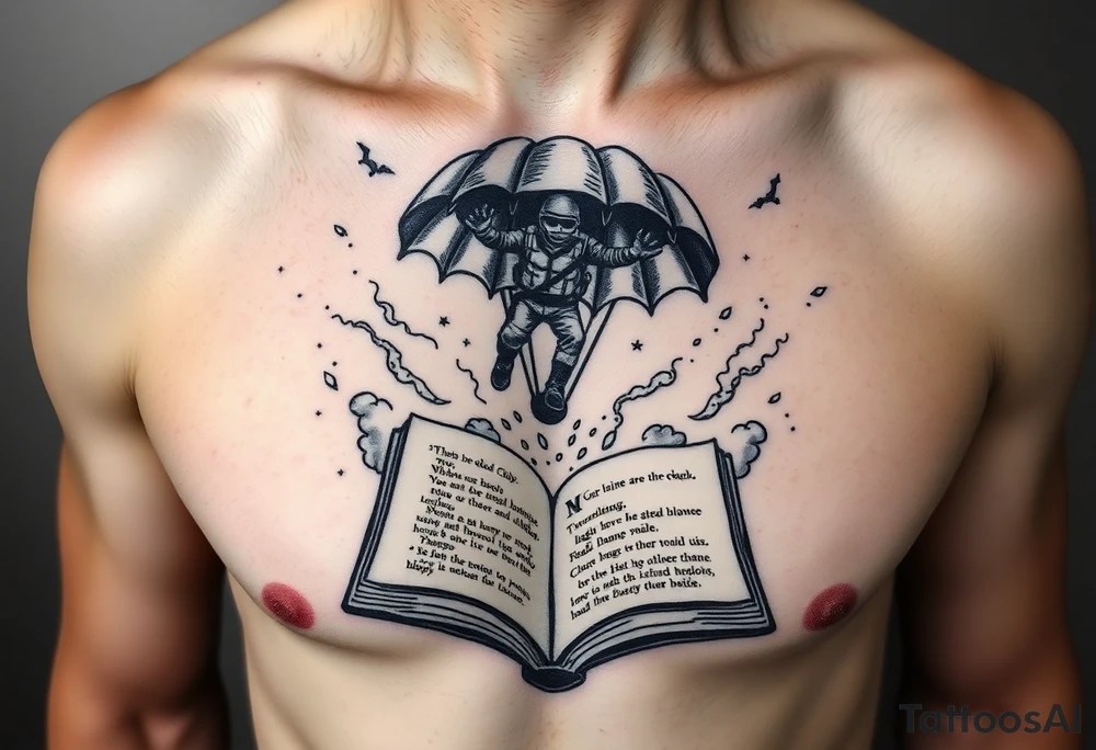 A parachuting soldier landing into an open book. Chaos surrounding, but a sense of security inside the book. On the chest. book contains a quote. Make it smaller tattoo idea