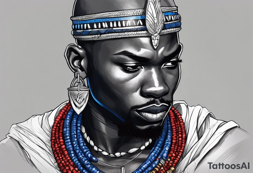 Black-skinned bald african warrior. He wears a simple and small silver crown. He uses blue and red necklaces tattoo idea