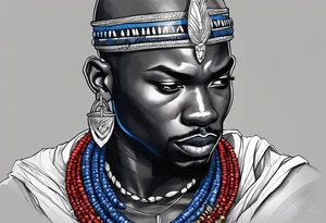 Black-skinned bald african warrior. He wears a simple and small silver crown. He uses blue and red necklaces tattoo idea