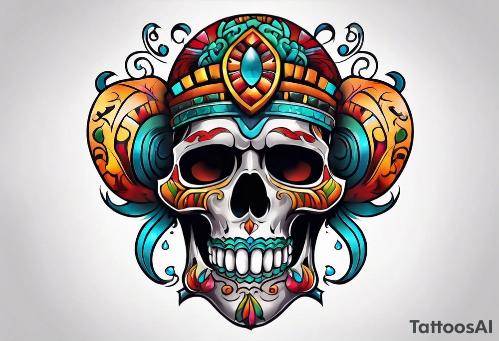 Colorful Mayan scull with water coming out of open mouth tattoo idea