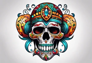 Colorful Mayan scull with water coming out of open mouth tattoo idea
