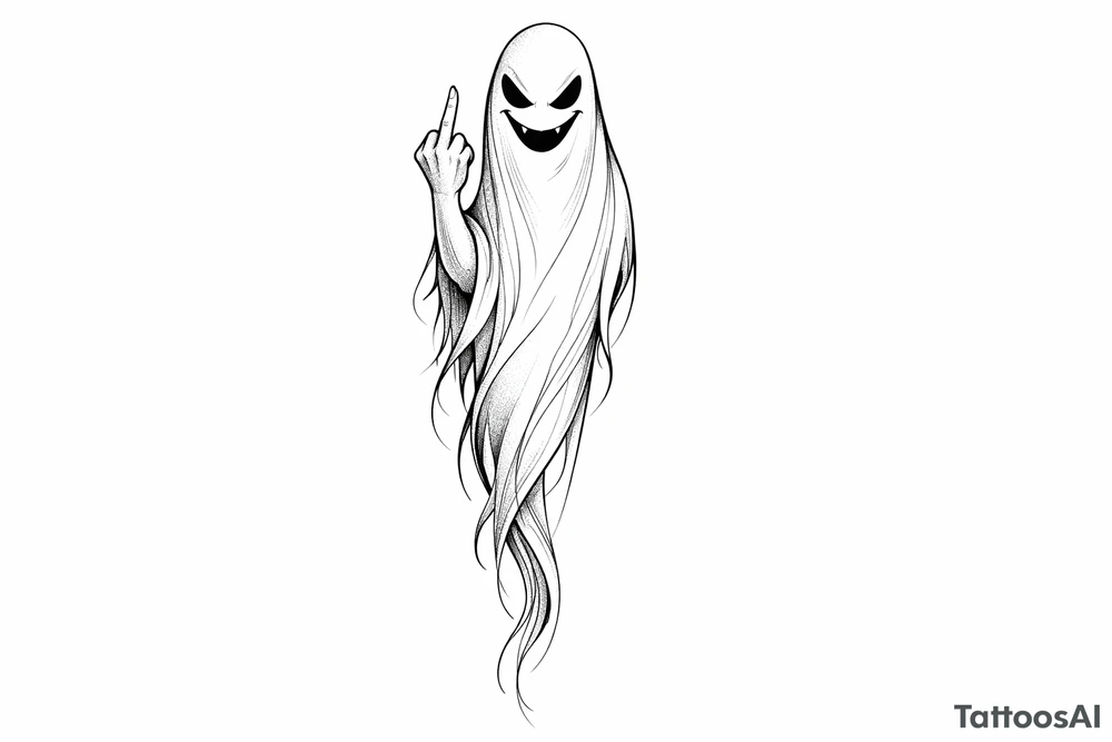Tall, slender ghost with a mischievous grin, middle finger raised, subtle shading. tattoo idea