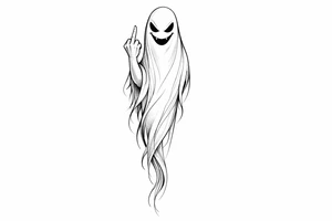 Tall, slender ghost with a mischievous grin, middle finger raised, subtle shading. tattoo idea