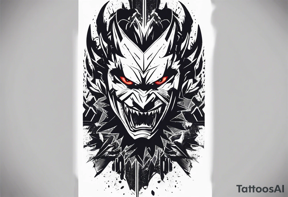 A tattoo designed for the knee, featuring the face of Kon (chainsaw man series) with wild, exaggerated features, such as sharp fangs, intense eyes, and a snarling expression. The design incorporates large areas of white space for contrast, with beams of light or energy radiating outward from the beast’s eyes in a chaotic and powerful pattern. The overall look should be bold and primal, with flowing lines that adapt naturally to the curvature of the knee. tattoo idea
