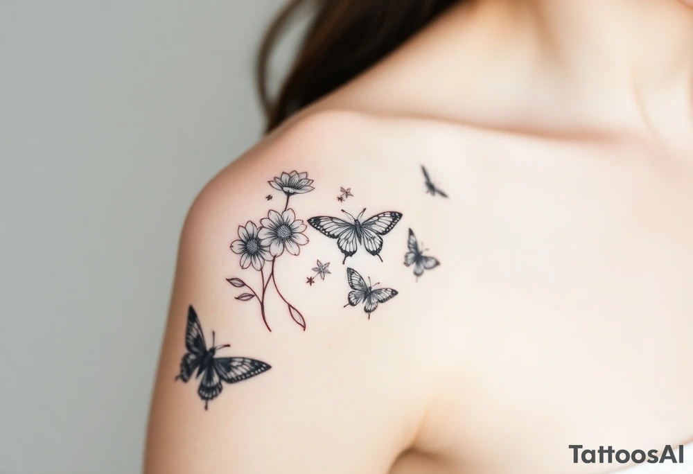 Show me an upper arm/shoulder/shoulder blade tattoo design with a birth flower for July, July, January, September, and 3 butterflies, and a raven and an eagle tattoo idea