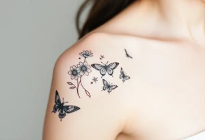 Show me an upper arm/shoulder/shoulder blade tattoo design with a birth flower for July, July, January, September, and 3 butterflies, and a raven and an eagle tattoo idea
