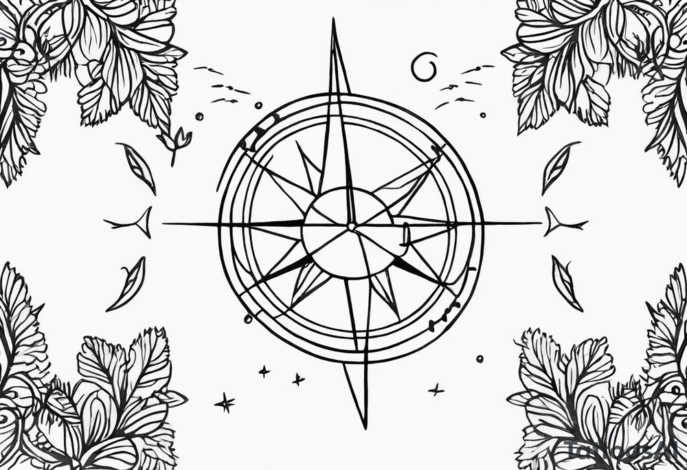 Create me a tattoo only in black with thin lines with a tree of life in the middle, a compass above with GPS coordinates, three little birds from the music "three little birds" by Bob Marley. tattoo idea