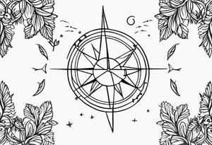 Create me a tattoo only in black with thin lines with a tree of life in the middle, a compass above with GPS coordinates, three little birds from the music "three little birds" by Bob Marley. tattoo idea