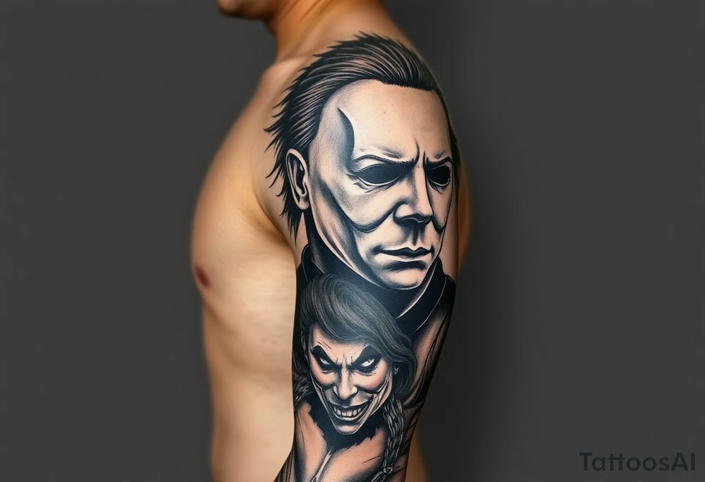 Left full arm sleeve. Michael Myers is the largest and main focal point. It should have the other horror characters like Jason, Freddy, the clown from saw, sam, the leprechaun,  chuckie, pin head, art the clown, leather face penny wise. tattoo idea