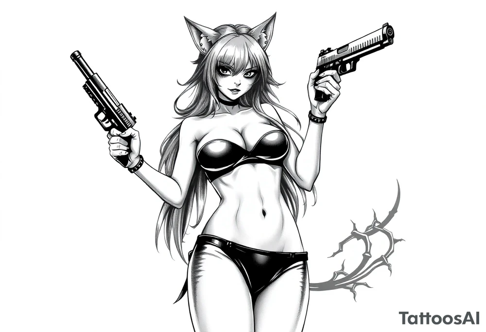 naked catgirl, slut, anime, holding gun, black, leather bikini, angry tattoo idea