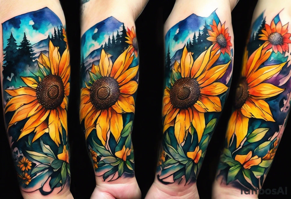 Small Watercolor inside arm tattoo, 4 inches. Black kite (Daya's name), nature (trees/flowers), rock/metal vibe (bold lines), sunflower. Bright colors! tattoo idea