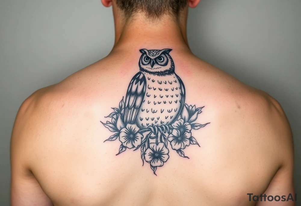 Day of the dead owl sitting on a branch of violets tattoo idea