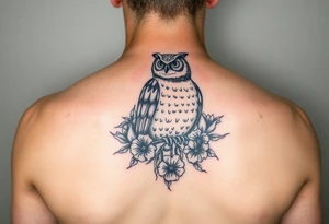 Day of the dead owl sitting on a branch of violets tattoo idea