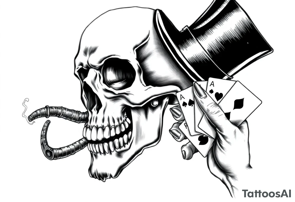 a skull with mustache, a big cigar in his mouth,top-hat on his head and playing cards in a hand. tattoo idea