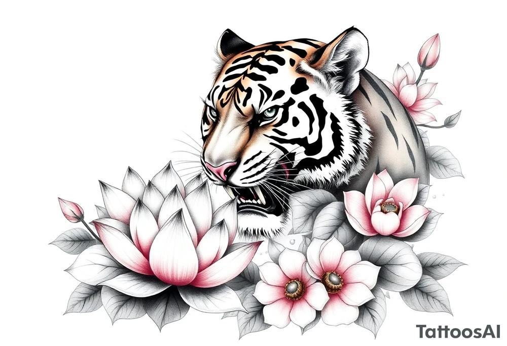 fierce tiger emerging through blooming lotus flowers in mist tattoo idea